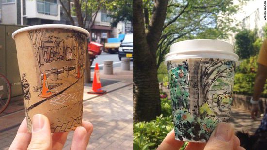藝術家在咖啡杯上繪製日本東京街景