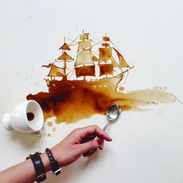 意大利藝術家用咖啡漬作畫走紅